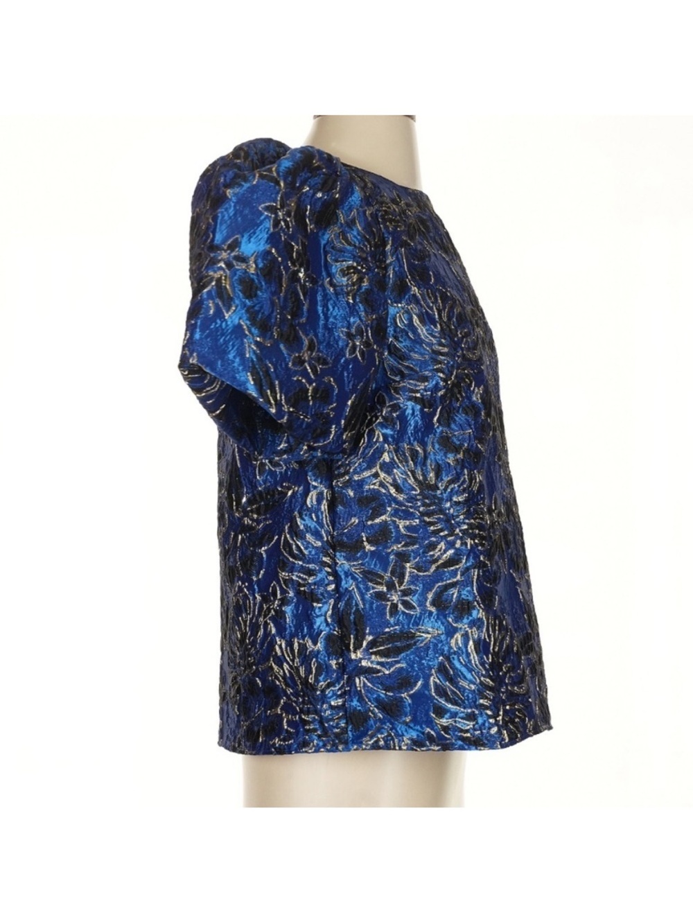 Lilly Pulitzer Pratt Brocade Top Blue Grotto Twilight Floral Gold Puff Sleeve S - Picture 3 of 5